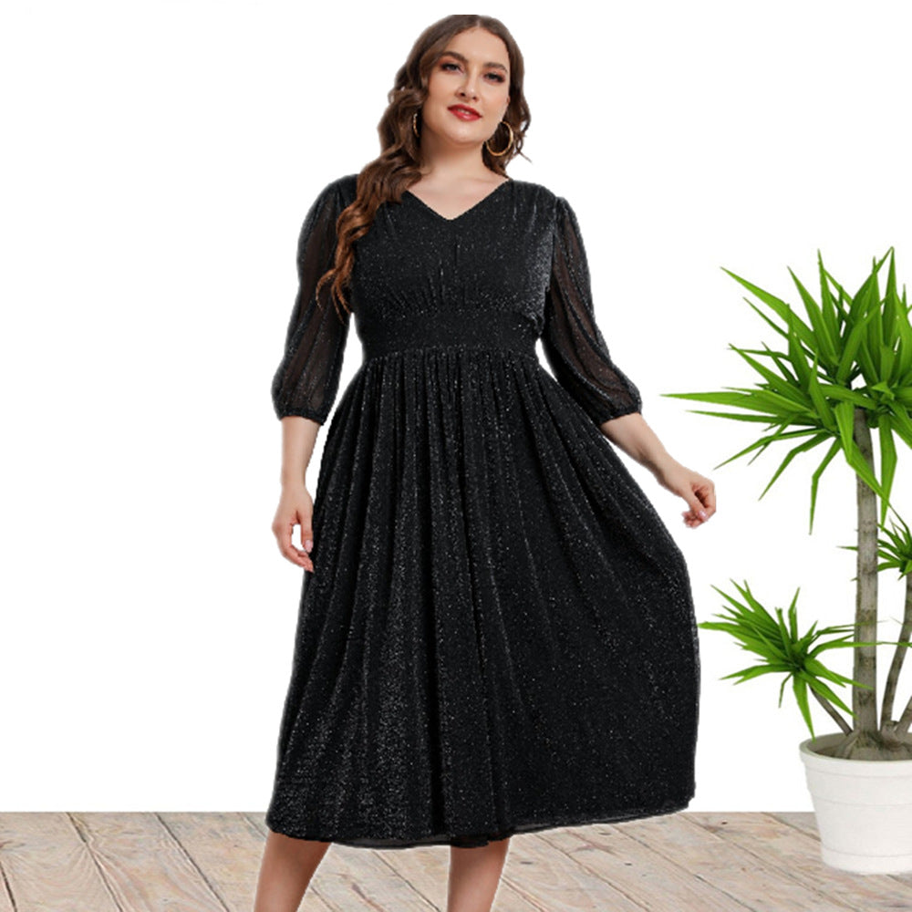 Casual High Waist V-Neck A-Line Midi Dress Wholesale Plus Size Clothing