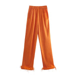 Orange Feather Fashion High-Rise Loose Satin Trousers Womens Straight-Leg Wholesale Pants