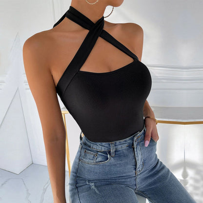 Solid Color Halterneck Crossover Vest Knitted Sexy Slim Wholesale Crop Tops Women'S