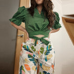 Printed Hollow Crop Top & Wide-Leg Trousers Wholesale Women'S 2 Piece Sets