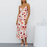 Floral Print V-Neck Slim Fit Mid Length Split A-Line Dress Wholesale Dresses