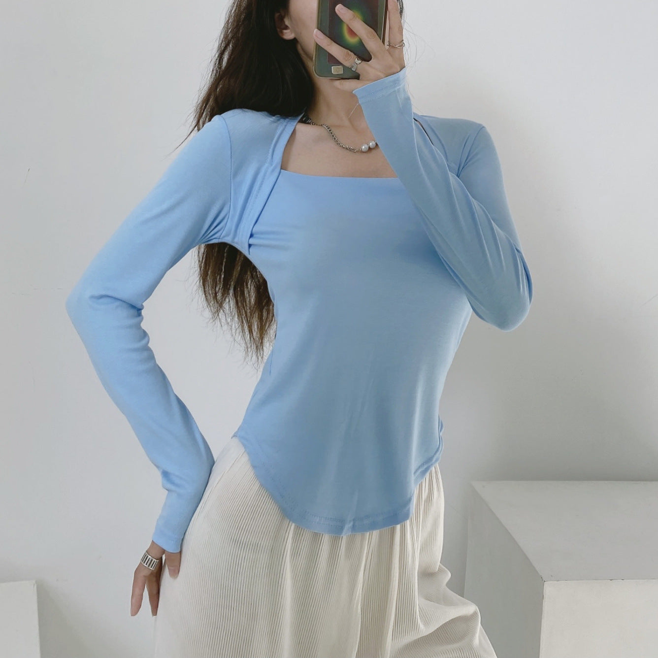 Square Neck Solid Color Irregular Hem Slim Long Sleeve Women Blouse Fashion Wholesale T Shirts