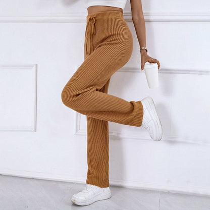 Homewear Casual High Waist Solid Color Drawstring Elastic Wool Trousers Wholesale Women Bottoms