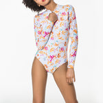 Long Sleeve Floral Print One Piece Swimsuit Athletic Sunscreen Zipper Surfing Wholesale Womens Swimwear