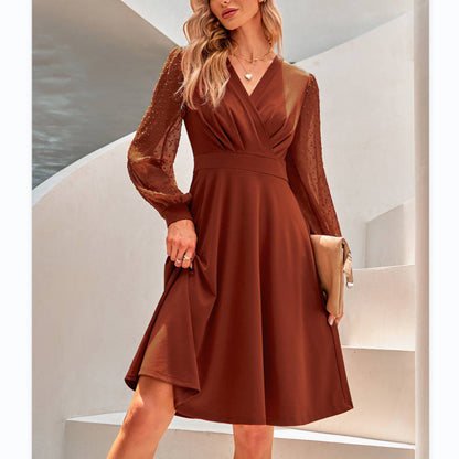 Trendy V-Neck Jacquard Long Sleeve Swing Dress Wholesale Dresses