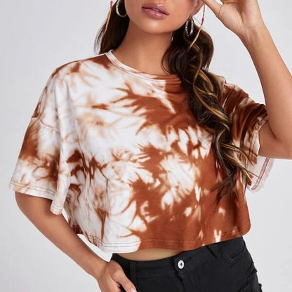 Summer Women Tie Dye Short Sleeve O Neck Wholesale Crop T-shirts Tops