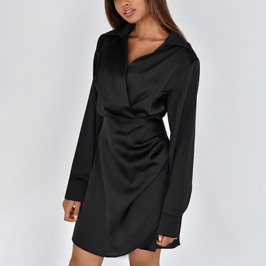 Sexy Lapel Nipped Waist Long Sleeve Wrap Satin Dress Wholesale Dresses