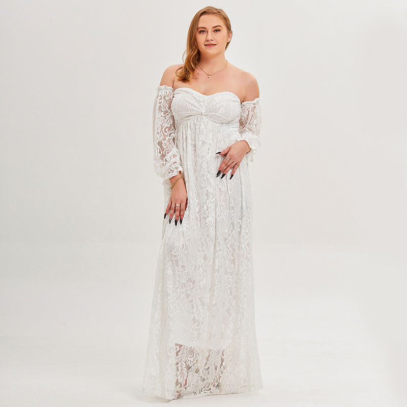 Sexy Off Shoulder Lace Dress Solid Color Wedding Bridesmaid Maxi Dress Wholesale Plus Size Clothing