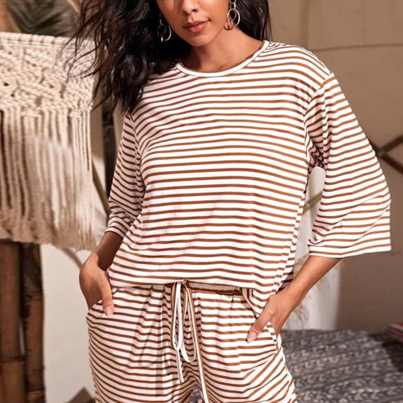 Striped Round Neck Wholesale Blouse Loose Home Casual Women T-Shirt