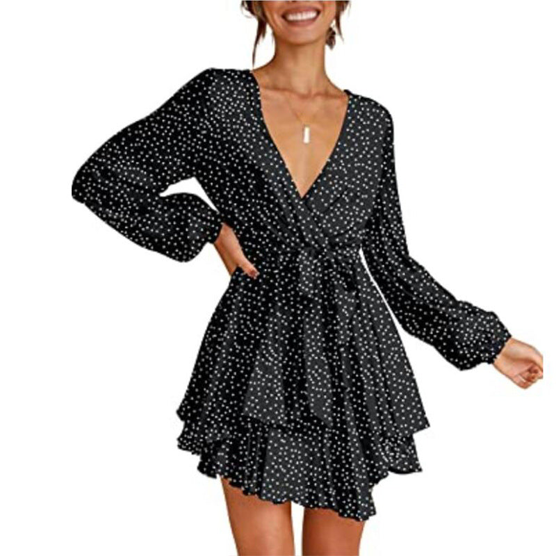 Polka Dot Print Long Sleeve V Neck Wholesale Swing Dresses With Belt