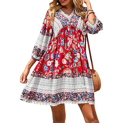 Printed V Neck Puff Sleeve Boho Dress Wholesale Bohemian Dress For Women