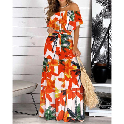 Off Shoulder Floral Print Tie Waist Pleated Wholesale Maxi Dresses Summer