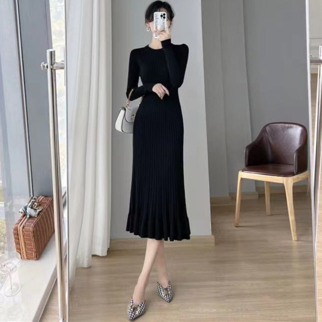 Wool Knitted All-Match Slim Long-Sleeved Round Neck Midi Dress Wholesale Dresses