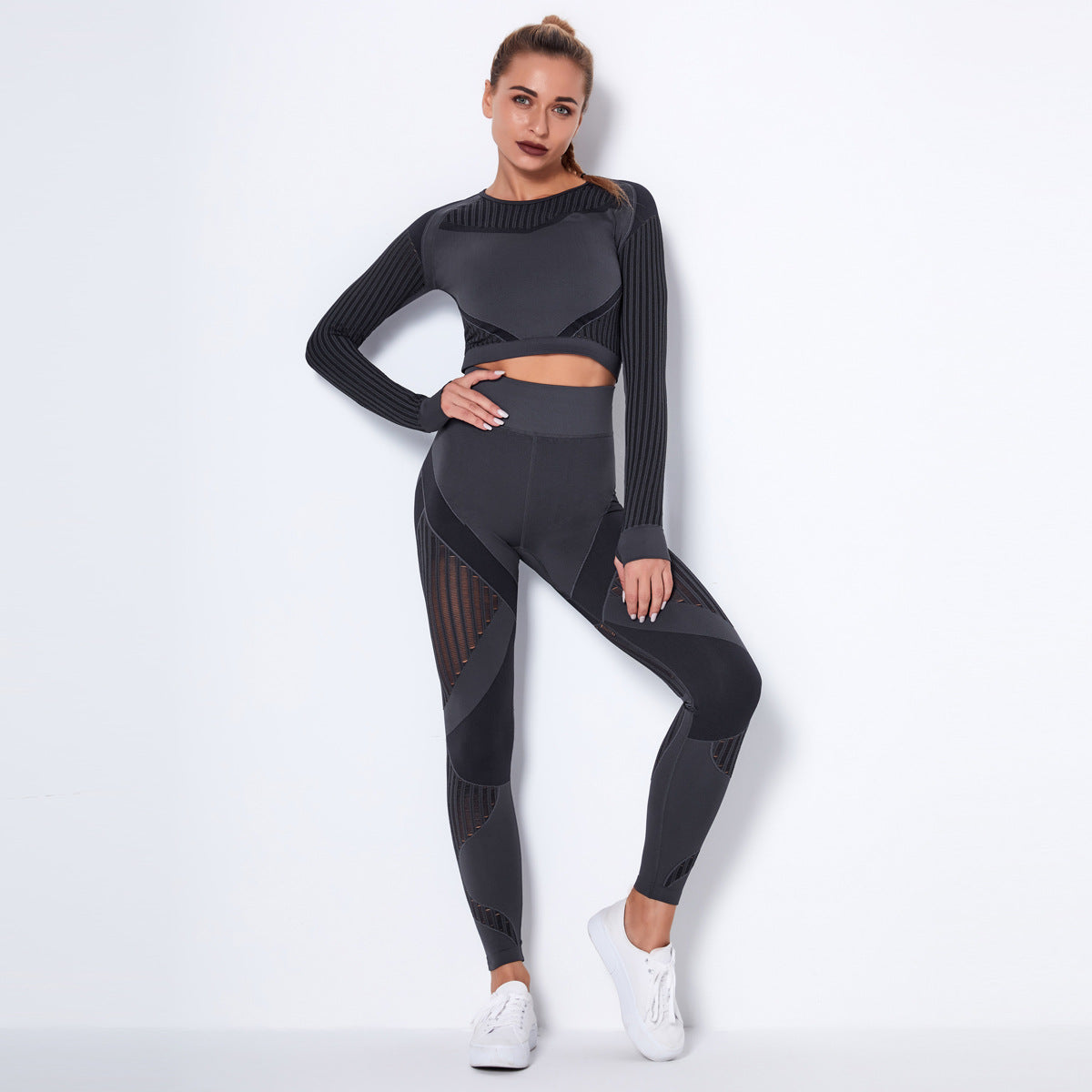 Seamless Mesh Long-Sleeved Tops & Leggings Fitness Yoga Suits Wholesale Activewear Sets