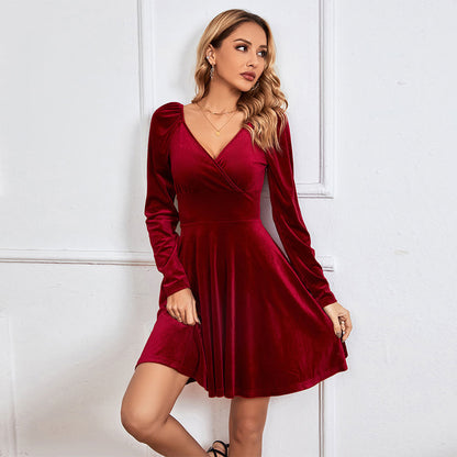 V-Neck Waist A-Line Sexy Velvet Dress Wholesale Dresses