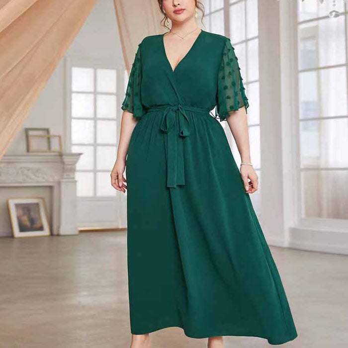 Tie-Up Waist Jacquard Sleeve Curvy Maxi Dresses Wholesale Plus Size Clothing
