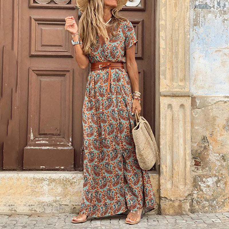 Fashion V-Neck Print Short Sleeve Vacation Slit Maxi Dresses Wholesale Bohemian Dress For Women With Belt