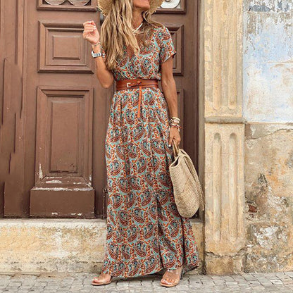 Fashion V-Neck Print Short Sleeve Vacation Slit Maxi Dresses Wholesale Bohemian Dress For Women With Belt