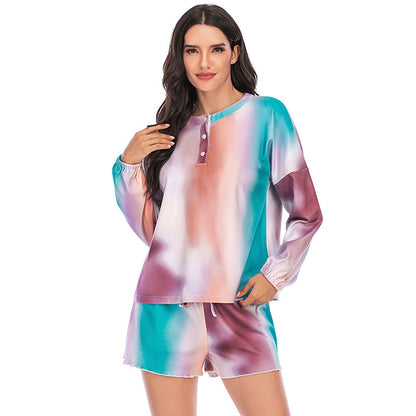 Tie Dye Print Long Sleeve Tops & Shorts Homewear Pajamas Sets Wholesale Loungewear