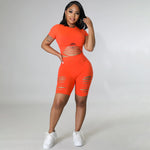 Solid Color Tight Hollow Crop Tops & Shorts Wholesale Women'S 2 Piece Sets