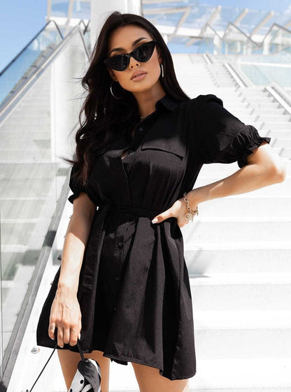 Casual Single-Breasted Short Sleeve Solid Color Lapel A-Line Mini Shirt Dress Wholesale Dresses With Belt