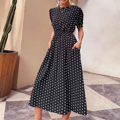 Women Fashion Short Sleeve Polka Dot Print Wholesale Swing Dresses With Pockets Summer