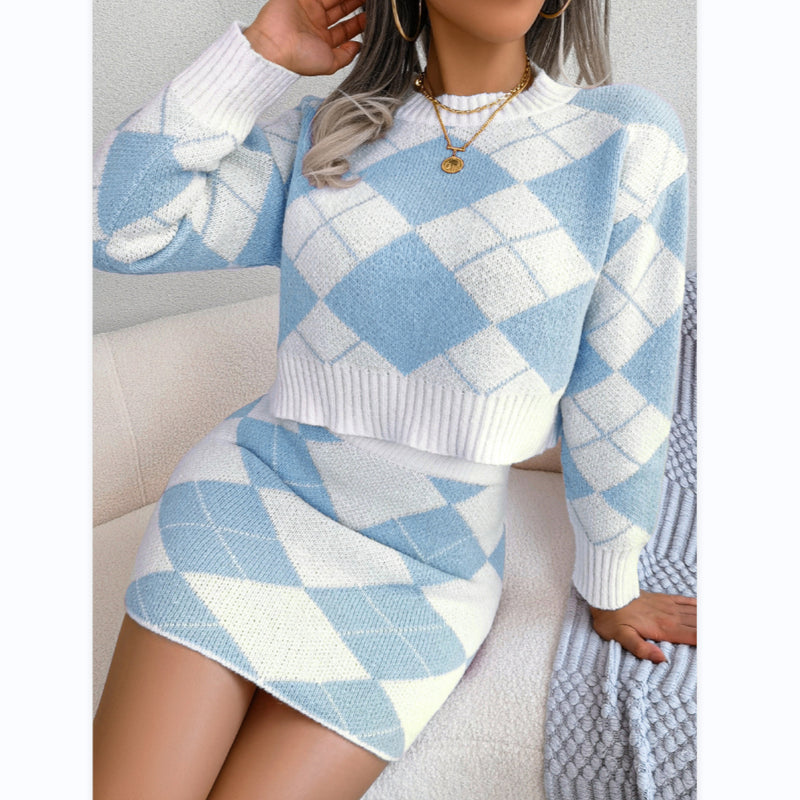 Wholesale Womens 2 Piece Sets Casual Collision Color Rhombus Long Sleeve Tops & Mini Skirts Sweater