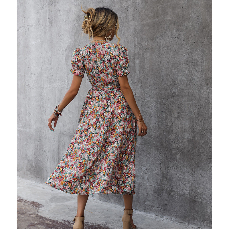 Summer Floral Print V-Neck Puff Sleeve Long Wrap Dress Wholesale Dresses