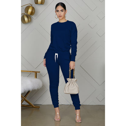 Shirred Solid Color Simple Long-Sleeved Trousers Sports Two-Piece Suit Wholesale Women Clothing