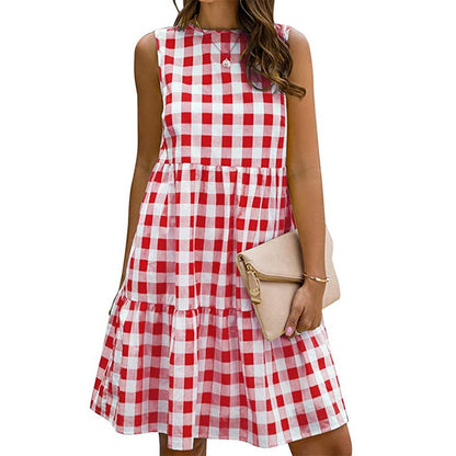 Sleeveless Plaid Print Casual Loose Wholesale Swing Dresses For Women