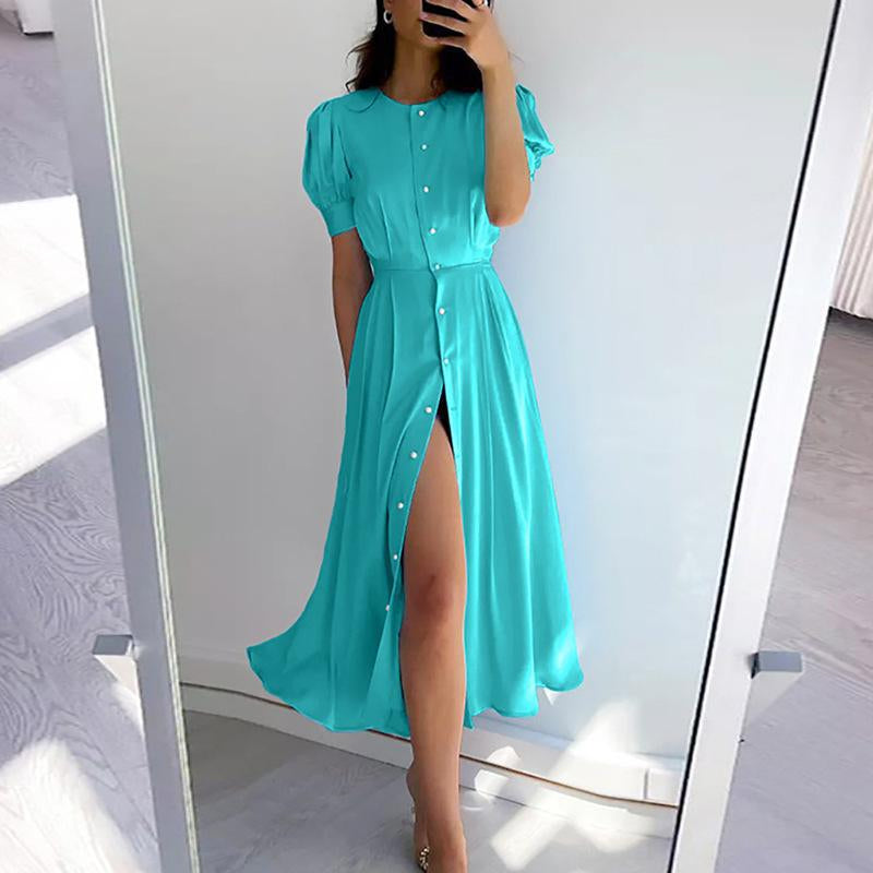 Solid Color Casual Puff Sleeve Single-Breasted Split Midi Dress Wholesale Dresses