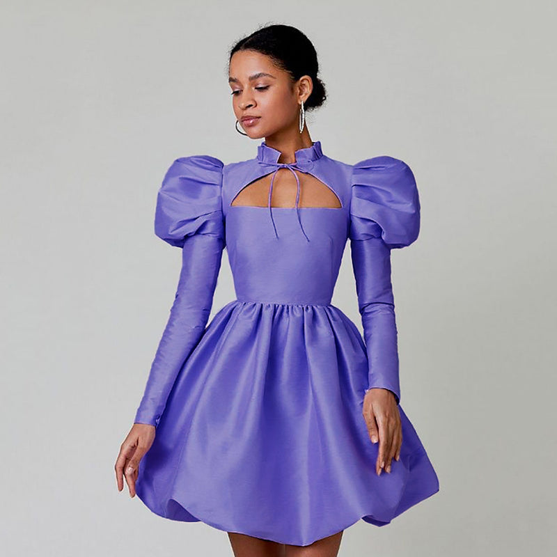 Puff Sleeve Solid Color Niche Bud Bandage Princess Dress Wholesale Dresses