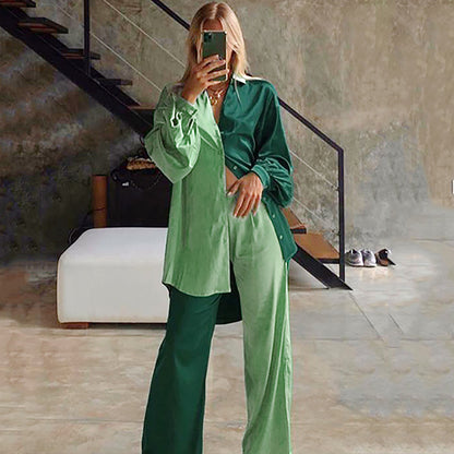 Fashion Colorblock Blouse & Wide Leg Pants Satin Suits Wholesale Women'S 2 Piece Sets