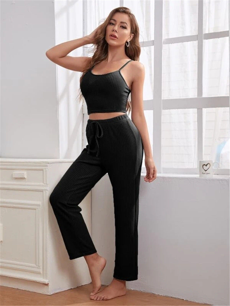 Soft Waffle-Knit Sling Tops & Trousers Pajama 3pcs Sets Women'S Loungewear Wholesale Vendors