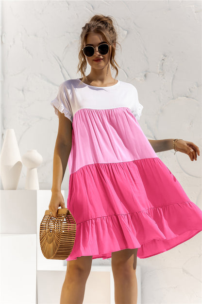 Round Neck Colorblock Ruffles Short Sleeve Loose Smocked Dresses Casual T Shirt Dress Wholesale