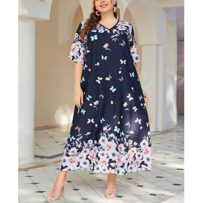 Fashion Printed V-Neck Midi Dress Short Sleeve Loose Wholesale Plus Size Clothing