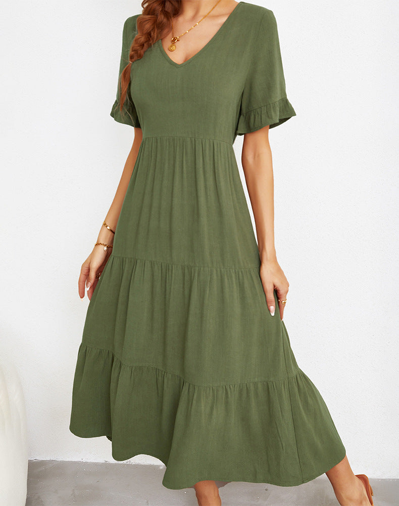 Fashion Loose V-Neck Swing Dress Solid Color Short Sleeve Wholesale Dresses