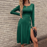 Round Neck Casual Long Sleeve Button Midi Knitted Dress Wholesale Dresses
