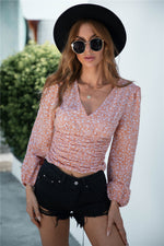 V-Neck Floral Print Long Sleeve Tight Women'S Short Shirts Vacation Wholesale Crop Tops