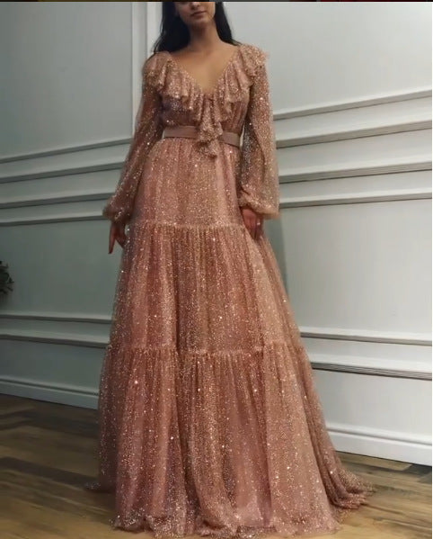 Sexy V-Neck Sequined Long-Sleeved Elegant Swing Gown Maxi Dress Wholesale Dresses