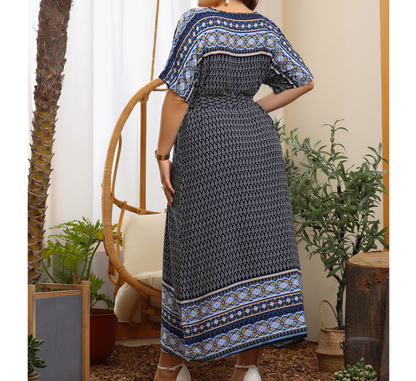 Casual Print Lace-Up Midi Dress Loose Short Sleeve Plus Size Wholesale Dresses