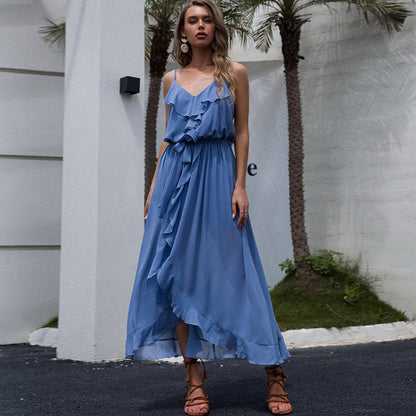 Solid Color V-Neck Ruffled Backless Slit Slip Dress Wholesale Maxi Dresses