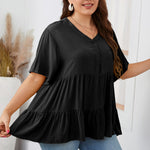 Short Sleeve Solid Color V Neck Loose Ruffled Smocked Curve Womens T Shirts Wholesale Plus Size Clothing
