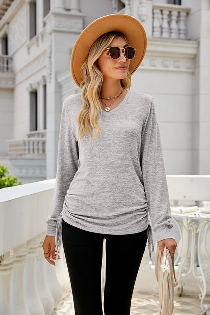 Solid Color Long Sleeve V-Neck Loose T-Shirt Wholesale Womens Tops