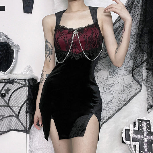 Dark Style Zipper Sexy Contrast Color Slit Lace Stitching Dress Wholesale Dresses