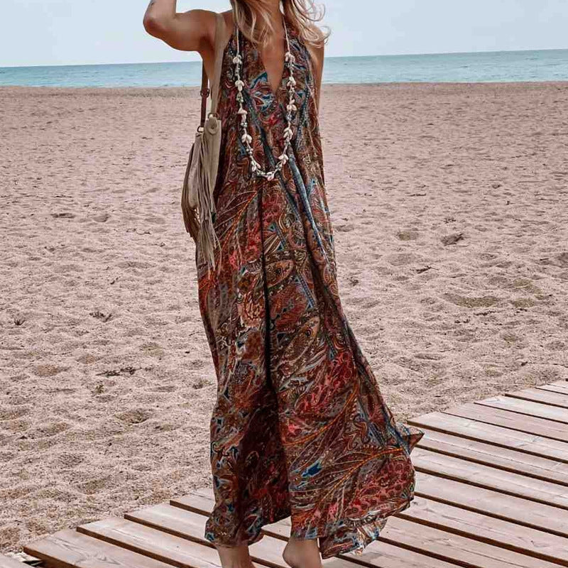 Boho Printed Halterneck V-Neck Bohemian Dress Wholesale Maxi Dresses