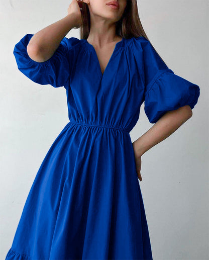 Klein Blue V Neck Puff Sleeve A-Line Dress Solid Color High Waist Midi Wholesale Dresses