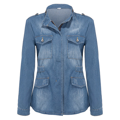 Flap Pockets Elastic Waist Zipper Denim Jackets