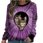 Casual Loose Cat Print Tops Round Neck Sweatshirt Long Sleeve Wholesale Clothing For Women