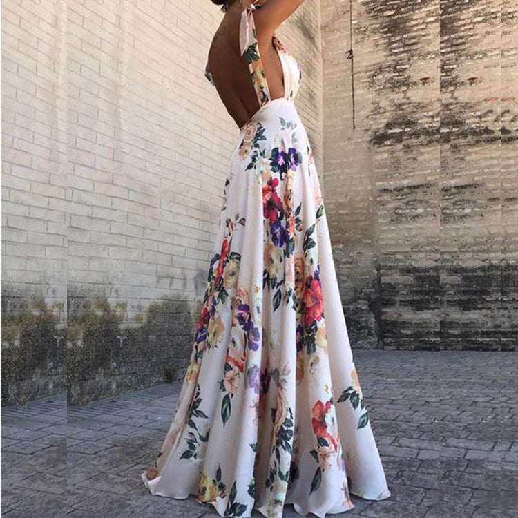 Floral Print Leaky Back Plunge Neck Large Swing Dress Sling Wholesale Maxi Dresses